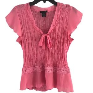 Women's SUNNY TAYLOR Valentine’s Chic Top Large Pink Cottagecore Pleated/Bow